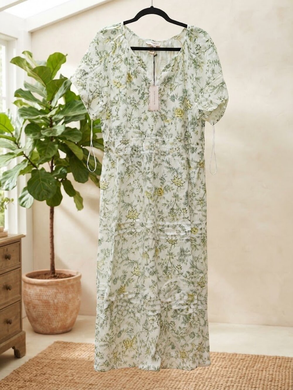 NWT Laura Ashley Cottagecore Linen Blend Floral Midi Dress Green White Size 2X
